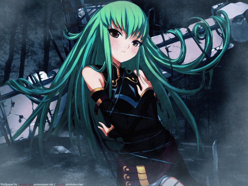 Green-haired Anime Girl — Green, Dramatic, Night, Barbed Wire