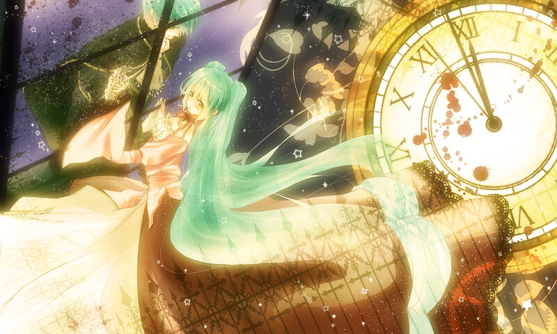 Green-haired Anime Girl — Green, Dramatic, Night, Digital Art, Clock