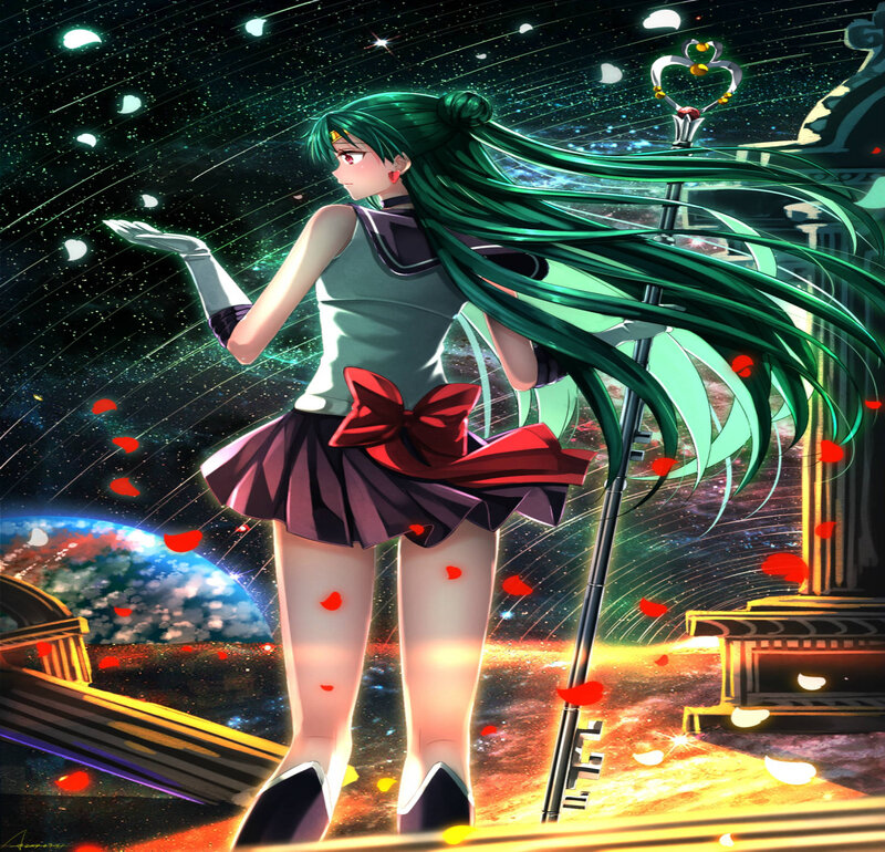 Green-haired Anime Girl — Green, Dramatic, Night, Digital Art, Staff, Planet