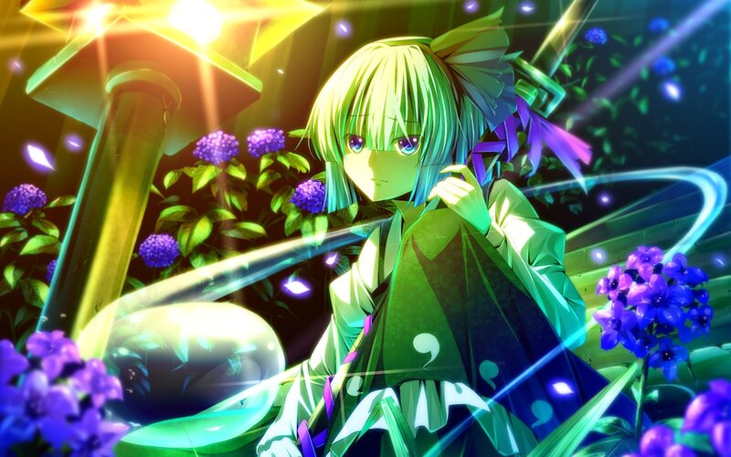 Green-haired Anime Girl — Green, Dramatic, Night, Flowers