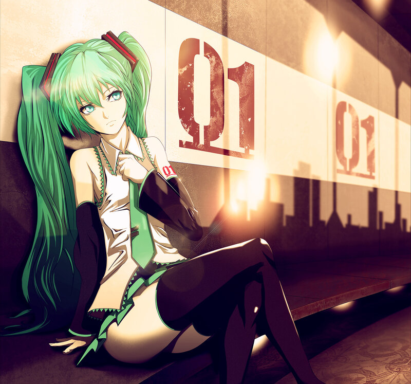 Green-haired Anime Girl — Green, Dramatic, Night, Pigtails