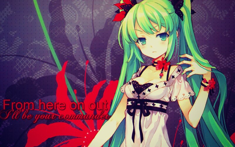 Green-haired Anime Girl — Green, Dramatic, Red Flowers