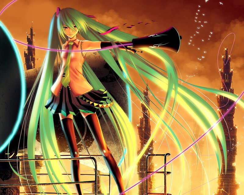 Green-haired Anime Girl — Green, Dramatic, Sunset, Digital Art, Megaphone