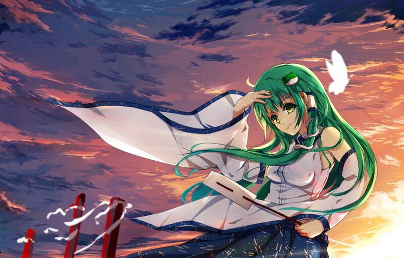 Green-haired Anime Girl — Green, Dramatic, Sunset, White Bird
