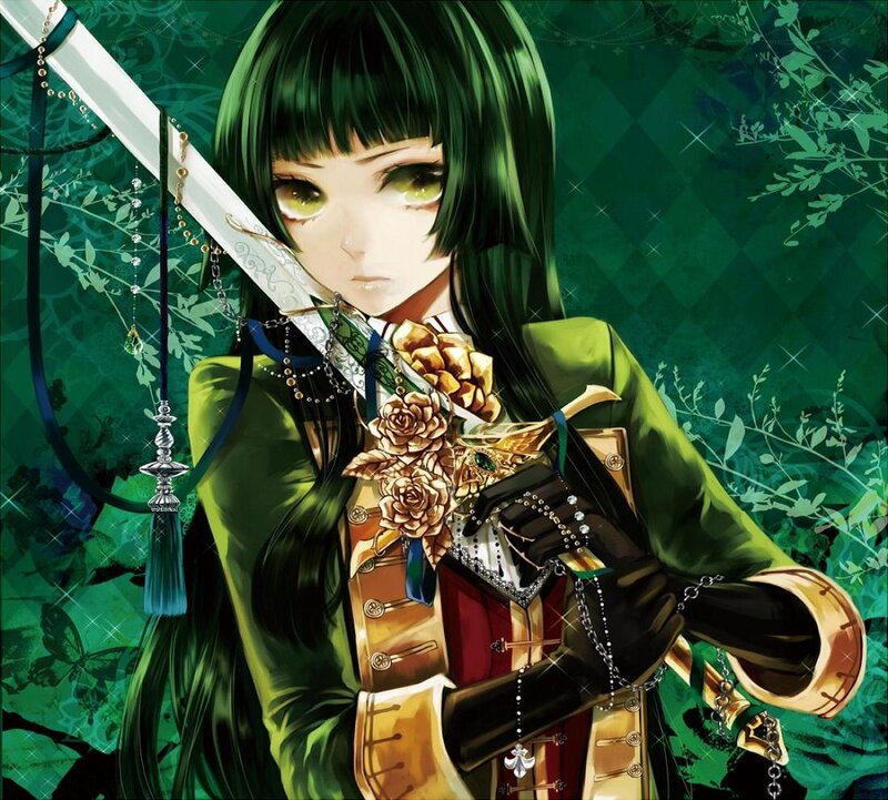 Green-haired Anime Girl — Green, Dramatic, Sword, Flowers