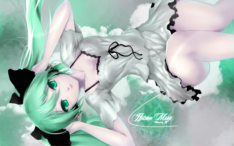 Green-haired Anime Girl — Green, Dreamy, Digital Art, Clouds