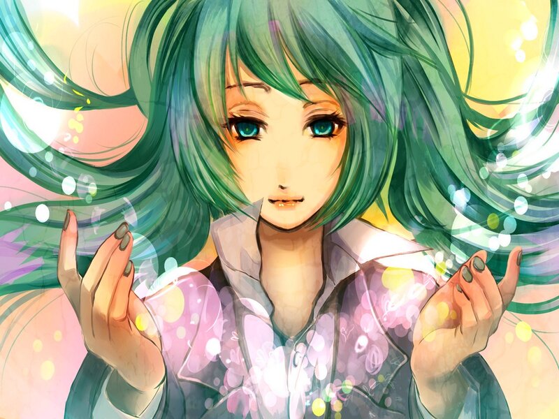 Green-haired Anime Girl — Green, Dreamy, Digital Art, Hands