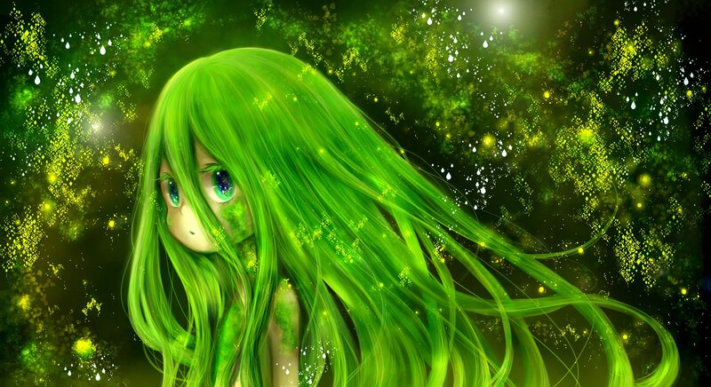 Green-haired Anime Girl — Green, Dreamy, Digital Art, Long Hair, Sparkles