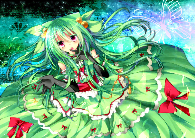 Green-haired Anime Girl — Green, Dreamy, Night, Butterfly