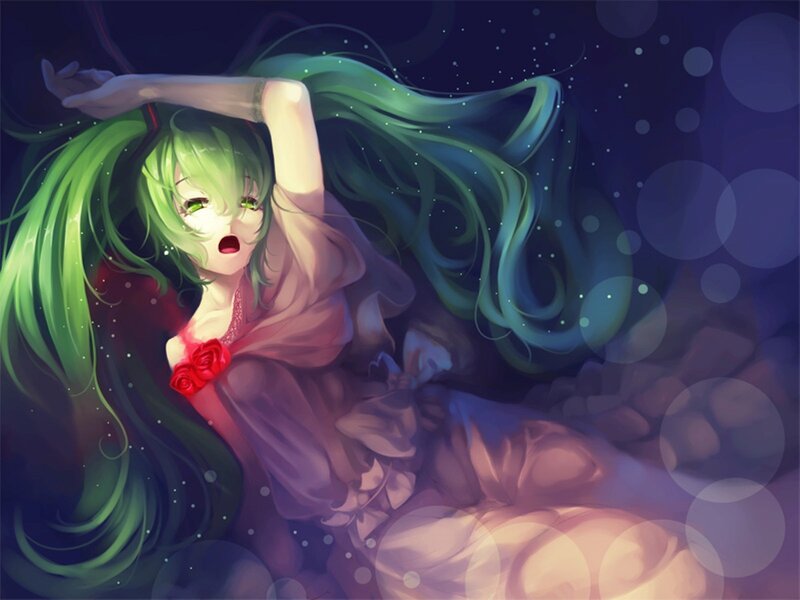 Green-haired Anime Girl — Green, Dreamy, Night, Digital Art