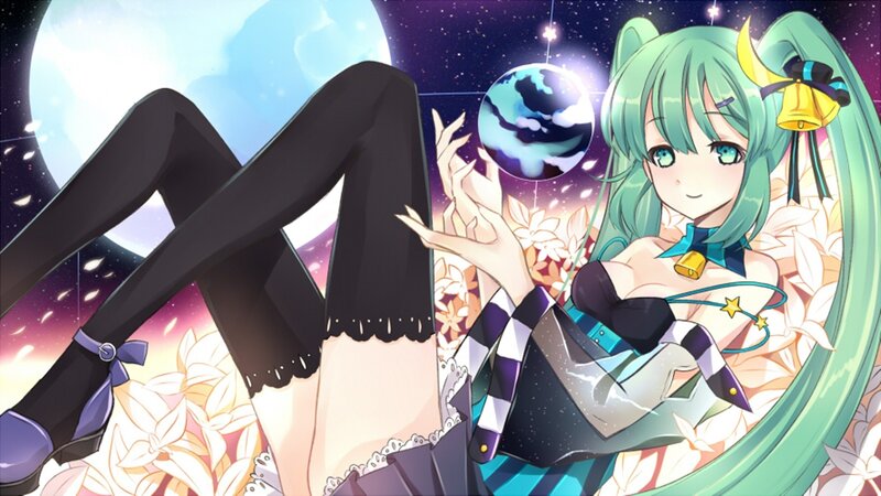 Green-haired Anime Girl — Green, Dreamy, Night, Moon