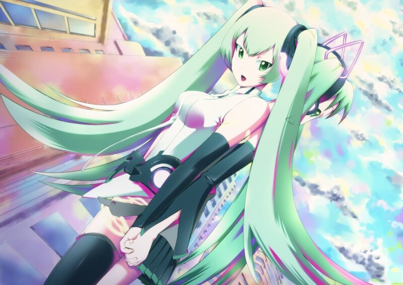 Green-haired Anime Girl — Green, Dynamic, Headphones, Cityscape