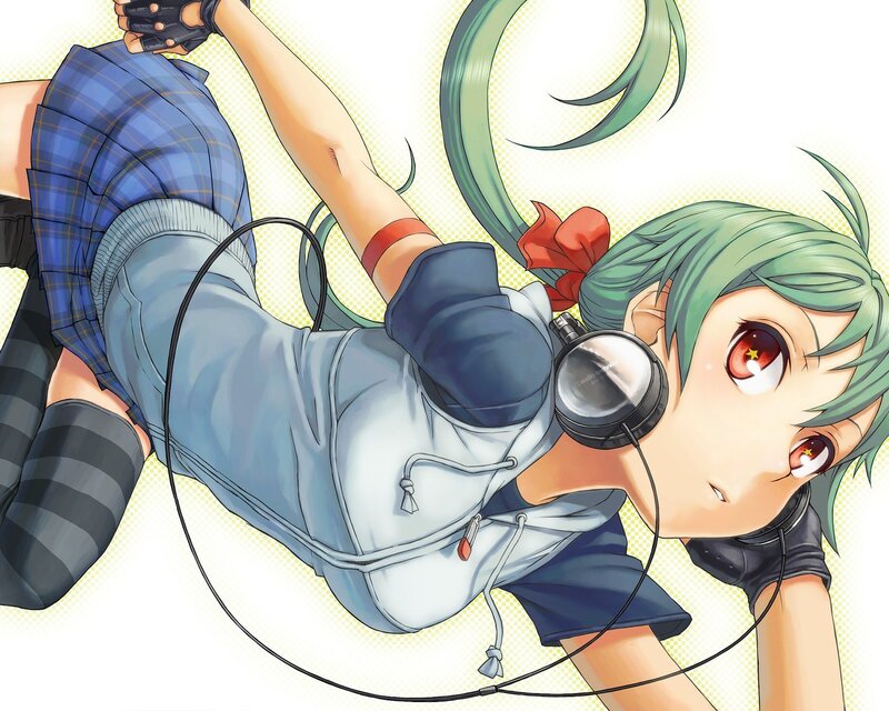 Green-haired Anime Girl — Green, Dynamic, Headphones, Skirt