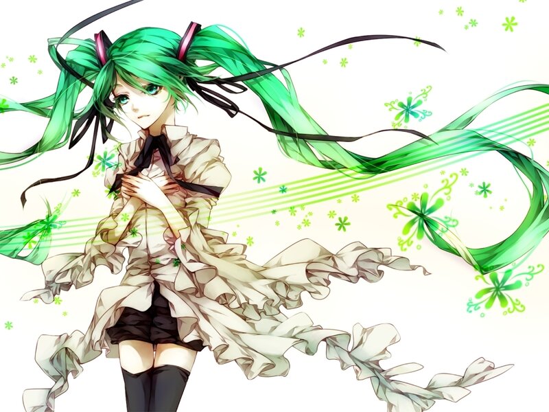 Green-haired Anime Girl — Green, Dynamic, Long Hair, Flowing Dress, Flowers