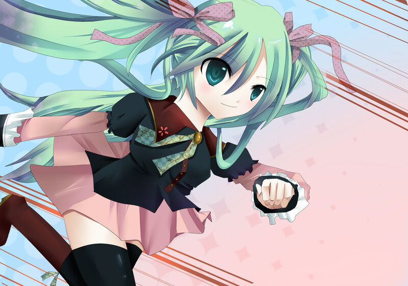 Green-haired Anime Girl — Green, Dynamic, Long Hair, Pink Bow
