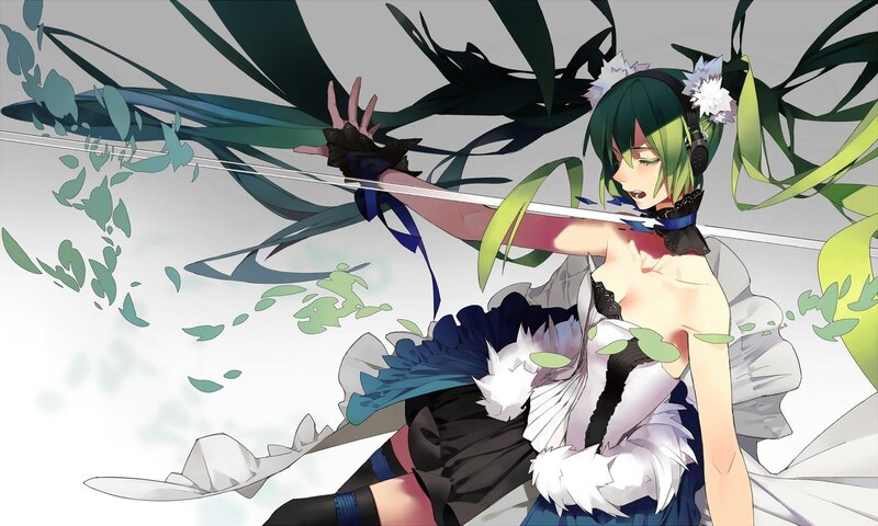 Green-haired Anime Girl — Green, Dynamic, Sword, Leaves