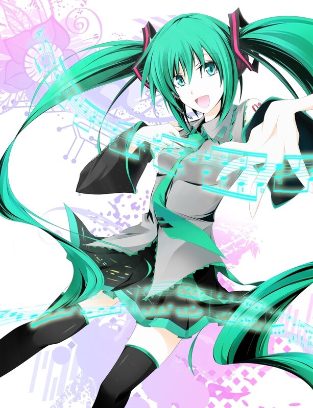 Green-haired Anime Girl — Green, Energetic, Music Notes, Pigtails