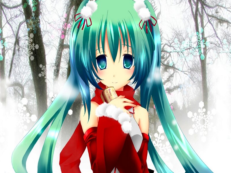 Green-haired Anime Girl — Green, Festive, Winter, Snowflakes