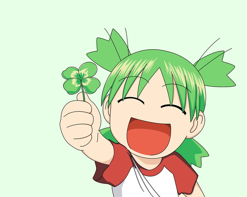 Green-haired Anime Girl — Green, Joyful, Four-leaf Clover, Red Shirt
