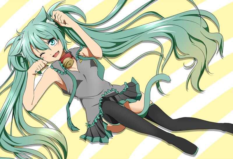 Green-haired Anime Girl — Green, Playful, Cat Ears, Tail, Bell