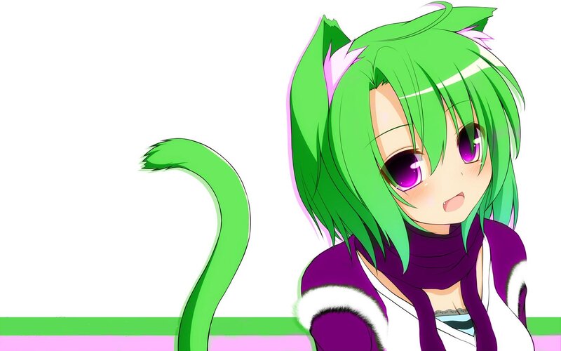 Green-haired Anime Girl — Green, Playful, Cat Ears, Tail