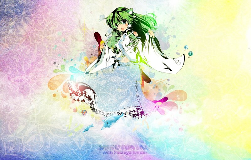 Green-haired Anime Girl — Green, Playful, Digital Art, Dolphins, Balloons