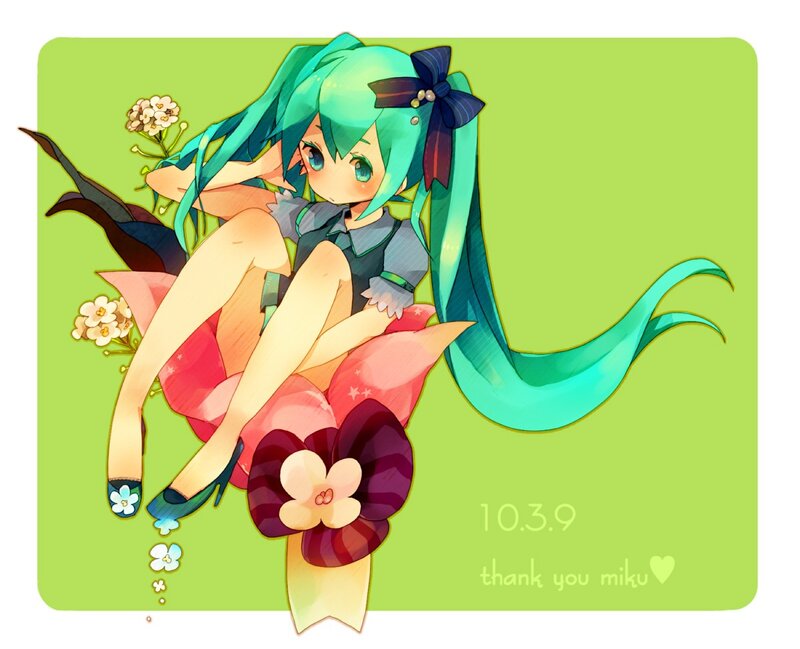 Green-haired Anime Girl — Green, Playful, Flowers, Bow
