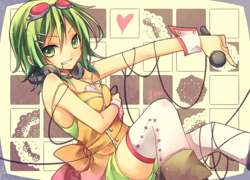 Green-haired Anime Girl — Green, Playful, Headphones, Microphone, Sunglasses, Yellow