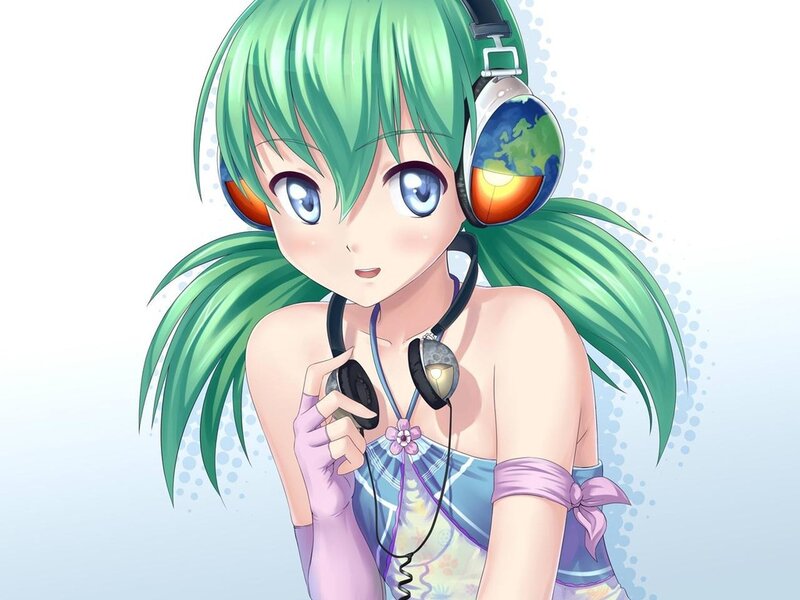 Green-haired Anime Girl — Green, Playful, Headphones, Microphone