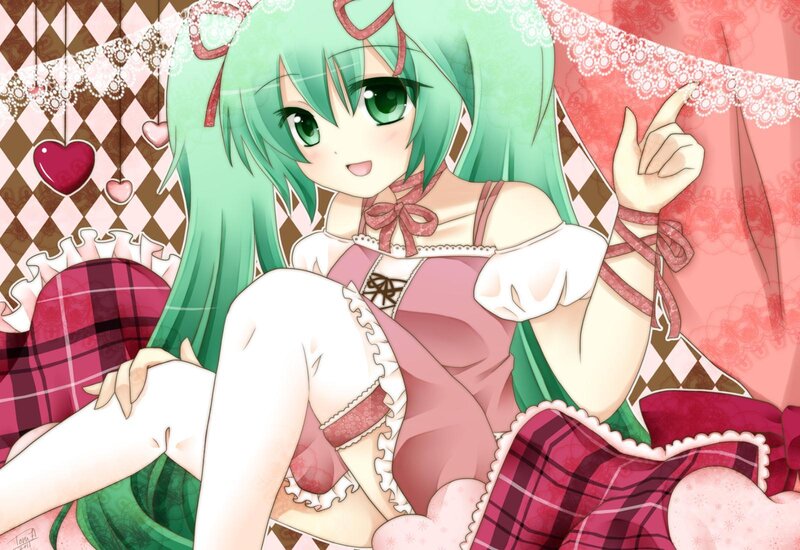 Green-haired Anime Girl — Green, Playful, Heart Decorations