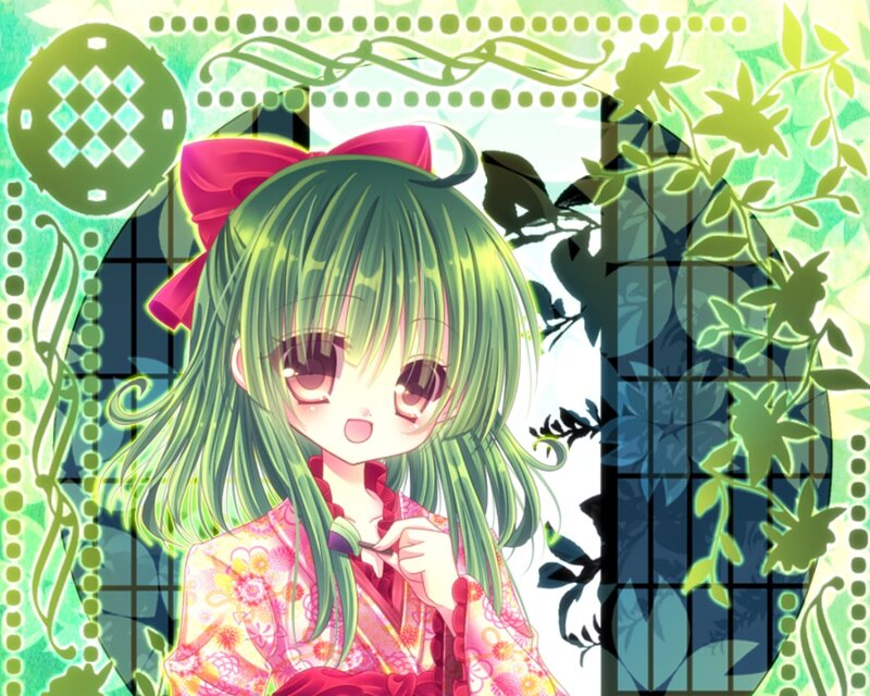 Green-haired Anime Girl — Green, Playful, Kimono
