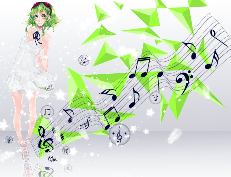 Green-haired Anime Girl — Green, Playful, Music Notes, Stars