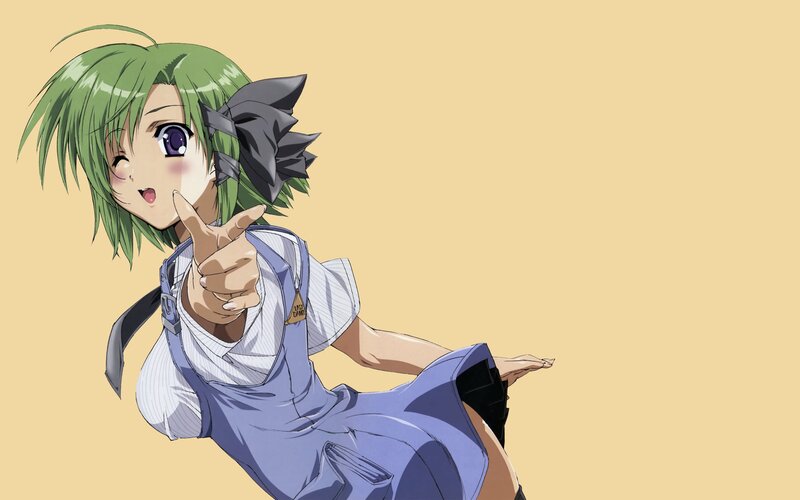 Green-haired Anime Girl — Green, Playful, Pointing Finger, Overalls