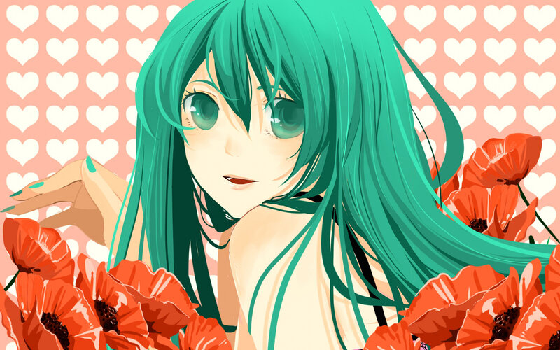 Green-haired Anime Girl — Green, Playful, Poppies, Heart Pattern
