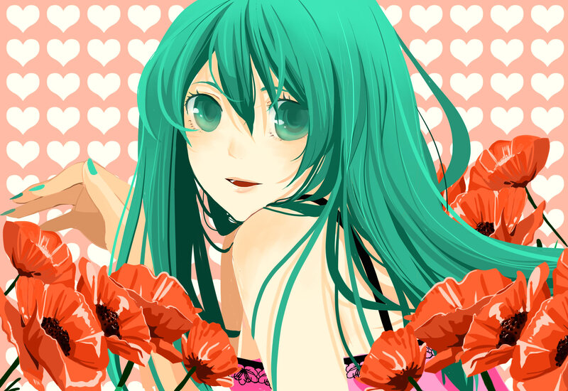 Green-haired Anime Girl — Green, Playful, Poppies