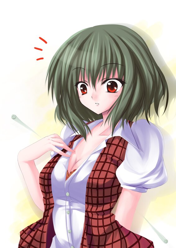 Green-haired Anime Girl — Green, Playful, Red Eyes, Plaid Vest