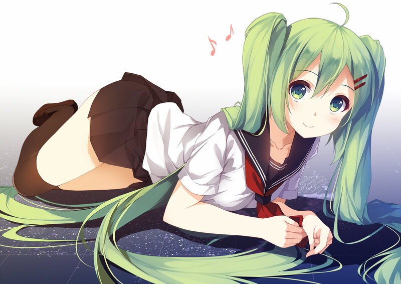 Green-haired Anime Girl — Green, Playful, School Uniform, Musical Notes