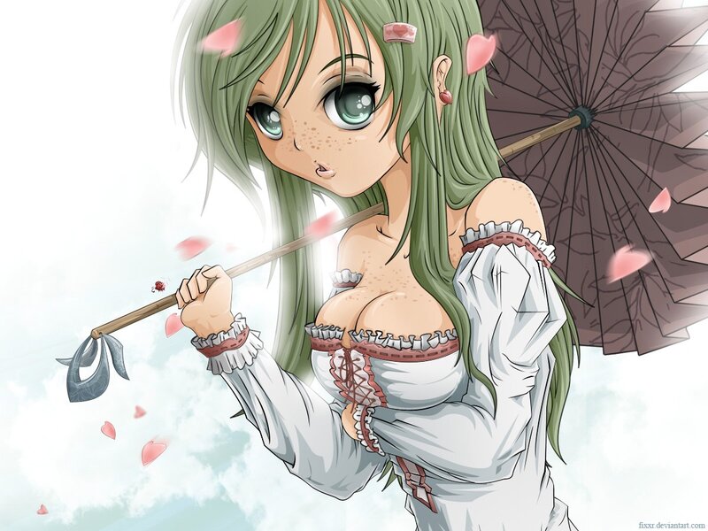 Green-haired Anime Girl — Green, Playful, Spring, Umbrella