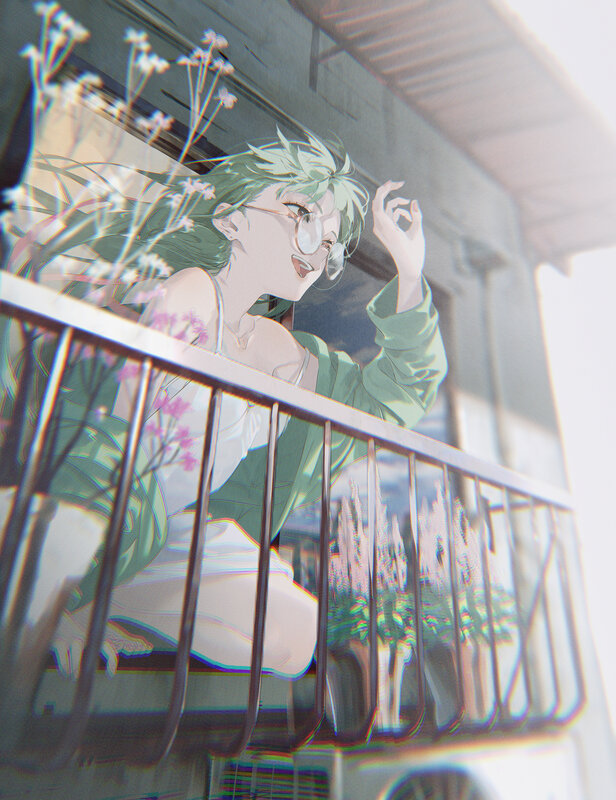 Green-haired Anime Girl — Green, Serene, Afternoon, Balcony