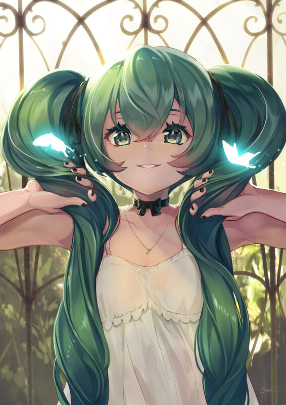 Green-haired Anime Girl — Green, Serene, Afternoon, Digital Art, Butterflies