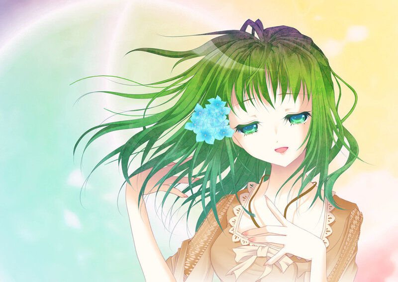 Green-haired Anime Girl — Green, Serene, Afternoon, Flower