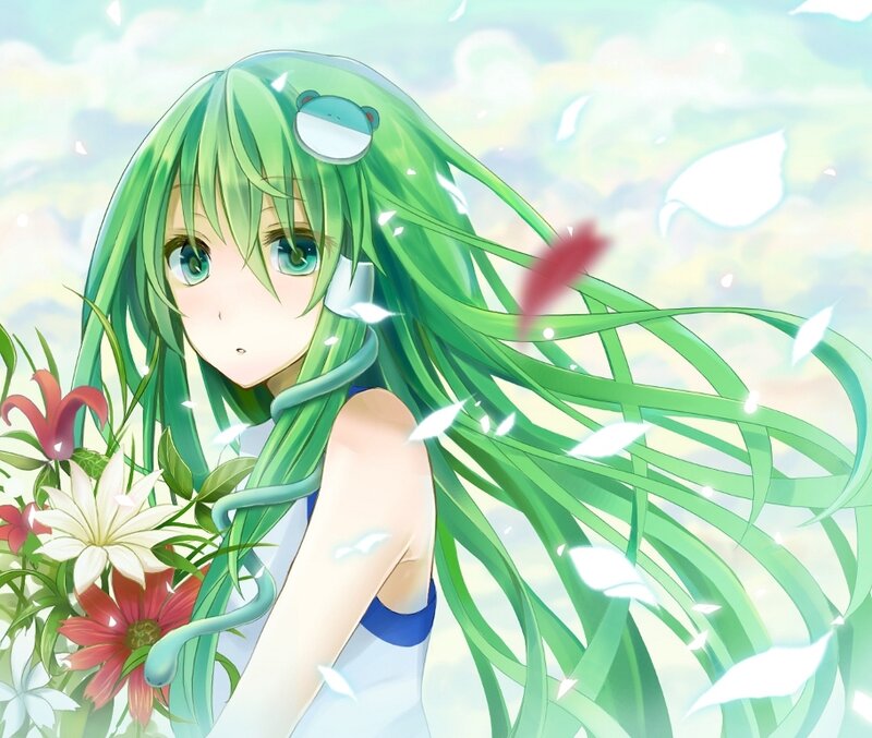 Green-haired Anime Girl — Green, Serene, Afternoon, Flowers