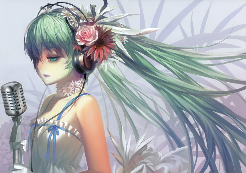 Green-haired Anime Girl — Green, Serene, Digital Art, Microphone