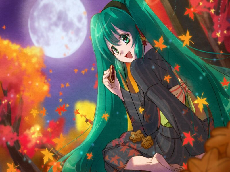 Green-haired Anime Girl — Green, Serene, Night, Digital Art