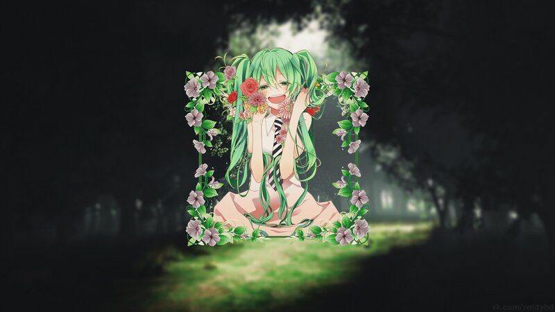 Green-haired Anime Girl — Green, Serene, Night, Flowers