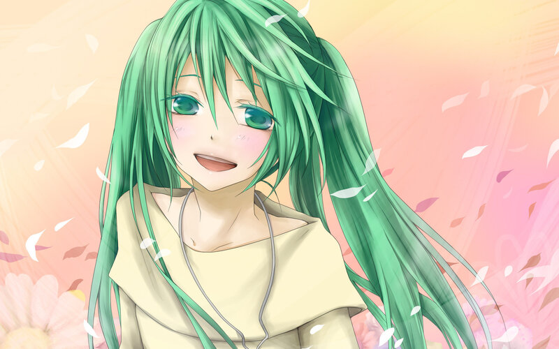 Green-haired Anime Girl — Green, Serene, Spring, Flowers, Petals