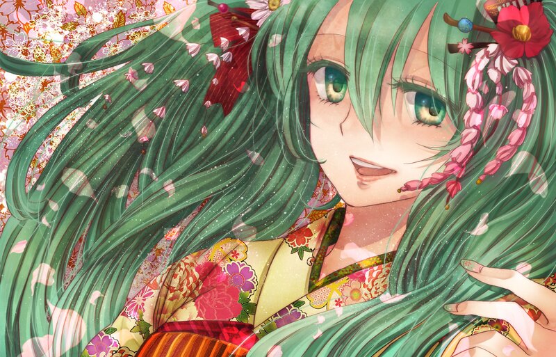 Green-haired Anime Girl — Green, Serene, Spring, Kimono, Flowers