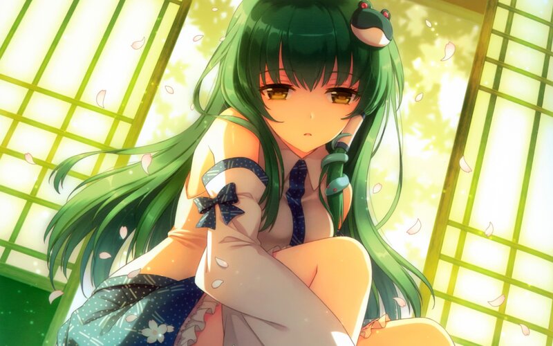 Green-haired Anime Girl — Green, Serene, Spring, Sakura Petals