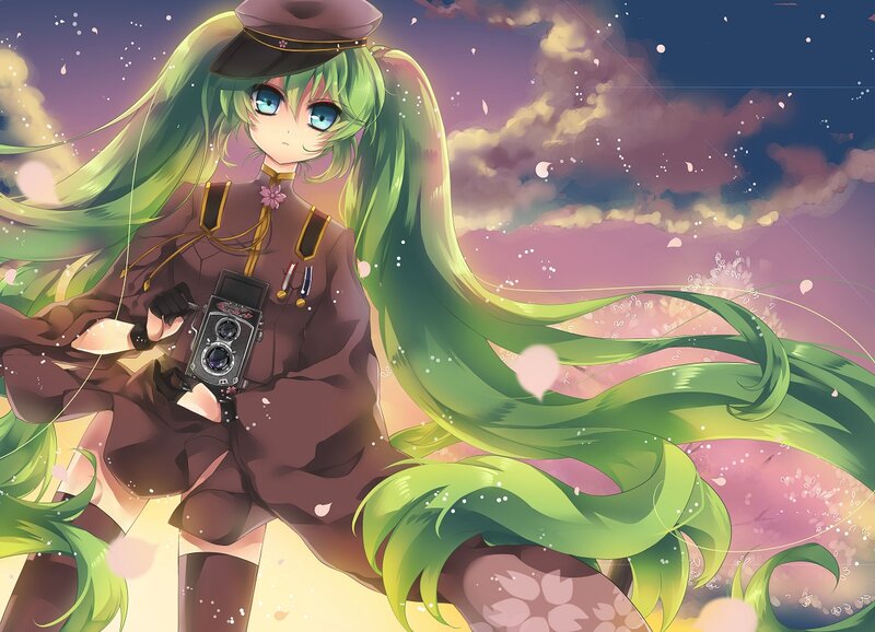 Green-haired Anime Girl — Green, Serene, Sunset, Camera