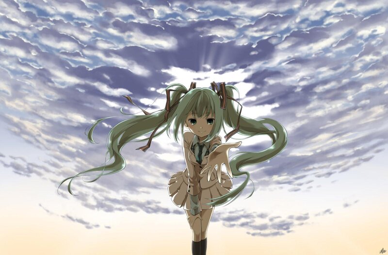 Green-haired Anime Girl — Green, Serene, Sunset, Clouds